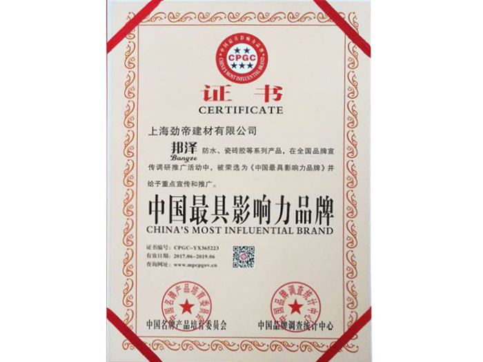 中國最具影響力品牌證書